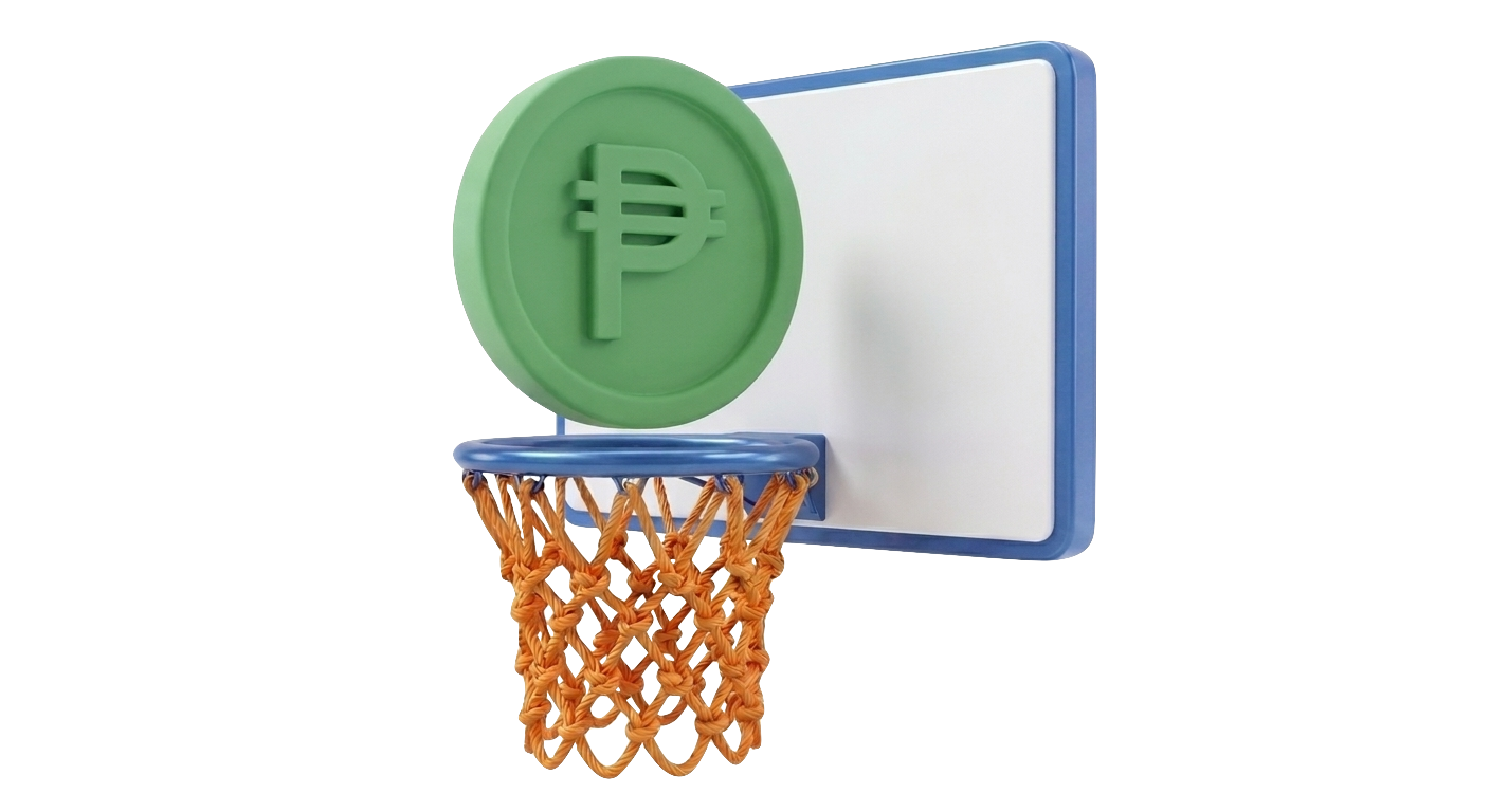 A peso coin dropping through a basketball hoop